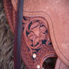 Half tooled Vaquero Lace with Daffodil flower Wade Saddle      
built on a 94 degree bar that fits a well built muscular shoulders -
The seat is finished at 15 & 1/2 inch with a close contact deep pocket fit -
Gullet is 7 & 1/2 inch height by 6 & 1/2 width with the back hand hole width at 4 inch -
Horn is 6 inch height by 5 and 1/2 inch width Guadalajara at 31 degree pitch - Cantle is 4 and 1/2 inch in height by 12 & 1/2 in width with a Cheyenne roll - Flat plate riggin at 7/8ths
- leather lined 5 inch Stainless Steel Moran Stirrups . 